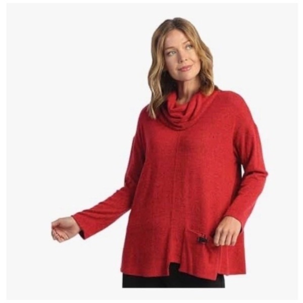 NEW Jess & Jane OS SMALL Red Cowl Neck Long Sleeve Tunic‎ Sweater Pocket NWT